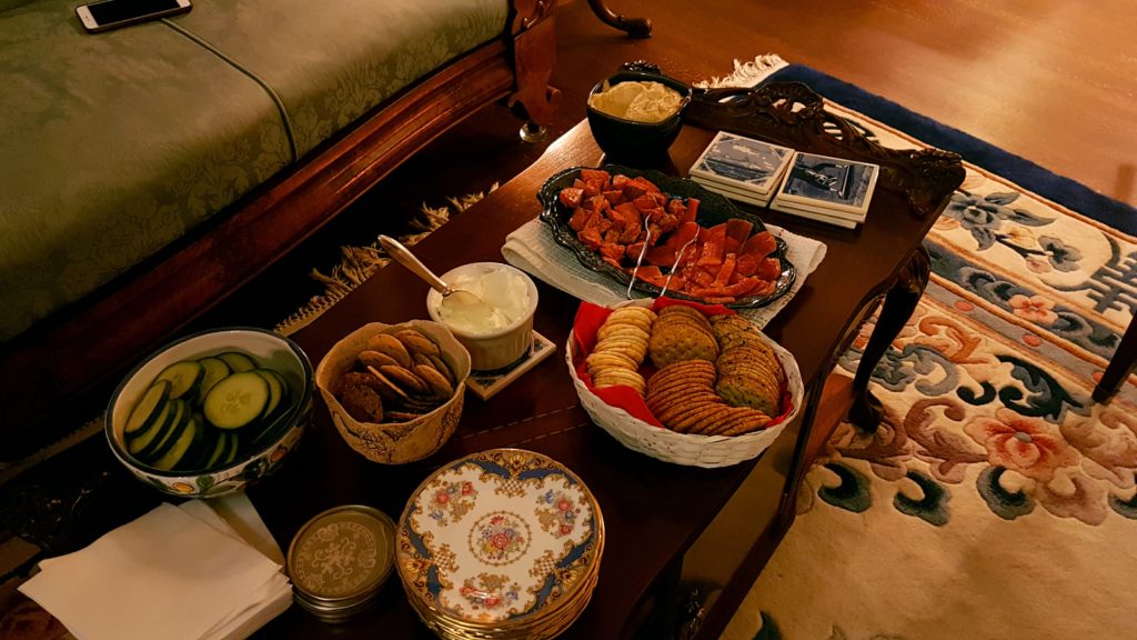 Yummy...Salmon, crackers and dips.